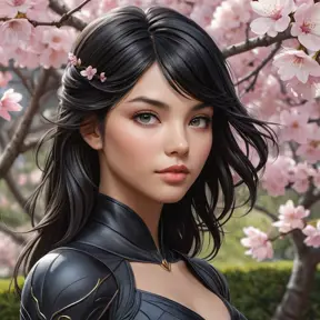 Cassandra Cain, depicted in a serene garden with blooming cherry blossoms, her eyes reflecting the soft pink petals, a gentle breeze lifting her raven hair.