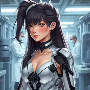 A detailed illustration of A2's backstory, showing her as a young prototype in a high-tech laboratory, with scientists and machinery in the background.