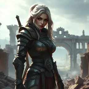 Ciri in a battle-worn armor, standing amidst the ruins of a once-great city, her expression resolute and determined