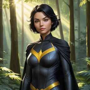 Cassandra Cain in a tranquil forest clearing, the sunlight filtering through the trees, her pose relaxed yet alert.