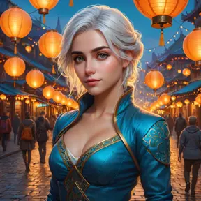 Ciri in a vibrant, magical city at dusk, surrounded by floating lanterns and bustling with mythical creatures, her eyes reflecting the city's lights