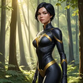 Cassandra Cain in a tranquil forest clearing, the sunlight filtering through the trees, her pose relaxed yet alert.