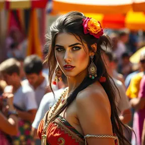 Kassandra in a vibrant, colorful festival in Greece, blending in with the joyous crowd, yet still maintaining her warrior's alertness