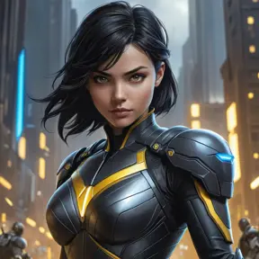 Cassandra Cain in a futuristic battle arena, her body clad in advanced armor, her eyes glowing with a fierce determination.