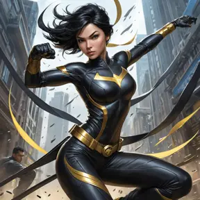 Cassandra Cain in a dynamic pose, mid-leap, surrounded by a flurry of martial arts weapons, her expression focused and intense.