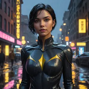 Cassandra Cain in a dramatic, cinematic style, standing on a rain-soaked street, the neon lights of Gotham City reflecting in puddles at her feet.