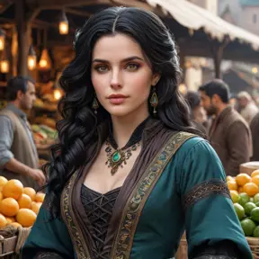 Yennefer in a bustling market, her vibrant robes contrasting with the earthy tones of the vendors, her expression both curious and confident