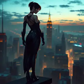 Cassandra Cain standing atop a city rooftop at twilight, the skyline of Gotham City illuminated behind her, her silhouette sharp against the urban glow.