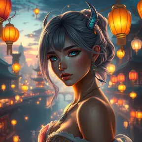 Ciri in a vibrant, magical city at dusk, surrounded by floating lanterns and bustling with mythical creatures, her eyes reflecting the city's lights