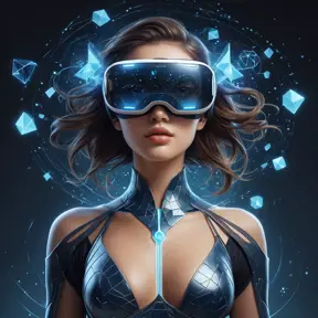 A2 in a virtual reality space, her form surrounded by floating geometric shapes and digital particles, symbolizing her connection to the digital world.