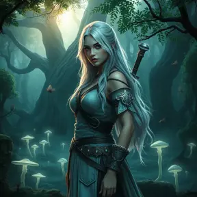 Ciri from The Witcher 3, standing in a misty forest with glowing mushrooms and ancient trees, her silver hair shimmering under the soft light filtering through the leaves