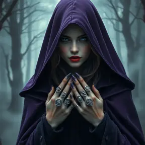 A mysterious female vampire, cloaked in a hooded cape of deep purple, standing at the edge of a foggy, enchanted forest, her hands adorned with silver rings, each engraved with ancient symbols of power.