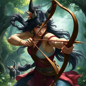 A dynamic action shot of Princess Mononoke wielding her bow and arrow, her expression fierce and determined, set in a vibrant, lush forest clearing.