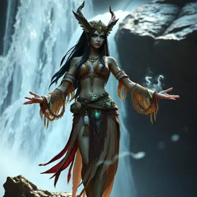 Render Nidalee in a ceremonial outfit, adorned with feathers, beads, and bones, standing before a roaring waterfall, her arms outstretched as if channeling the power of the elements, the water illuminated by a mystical, otherworldly light.