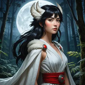 A stunning portrait of Princess Mononoke, with her wild, black hair flowing around her shoulders, set against a backdrop of dense, mystical forest, illuminated by moonlight.