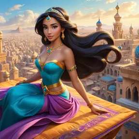 A vibrant scene of Princess Jasmine riding on a magic carpet, her hair flowing in the wind, with the bustling city of Agrabah spread out below her.