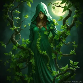 A digital illustration of Poison Ivy as a mythical creature, its vines forming a cloak around a mysterious figure, leaves shimmering with an otherworldly glow in the moonlight.