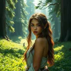 Aloy, in a lush, green valley, surrounded by towering, ancient trees, her face lit by the soft, diffused light of the forest, her pose relaxed yet ready, the environment serene and peaceful