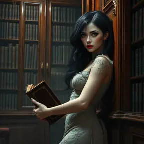 A seductive female vampire, her hair as dark as night, wearing a vintage lace dress, leaning against a grand, mahogany bookcase in a dimly lit, Victorian-era library, holding an ancient, leather-bound tome.