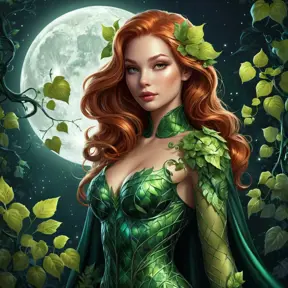 A digital illustration of Poison Ivy as a mythical creature, its vines forming a cloak around a mysterious figure, leaves shimmering with an otherworldly glow in the moonlight.