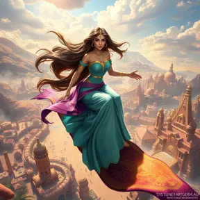 A vibrant scene of Princess Jasmine riding on a magic carpet, her hair flowing in the wind, with the bustling city of Agrabah spread out below her.