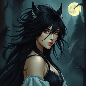 A stunning portrait of Princess Mononoke, with her wild, black hair flowing around her shoulders, set against a backdrop of dense, mystical forest, illuminated by moonlight.