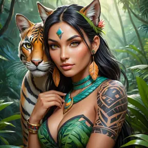 A stunning portrait of Nidalee from League of Legends, rendered in vibrant colors with intricate details of her tribal tattoos and the majestic jungle cat features, set against a backdrop of a lush, misty Amazon rainforest at dawn.