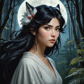 A stunning portrait of Princess Mononoke, with her wild, black hair flowing around her shoulders, set against a backdrop of dense, mystical forest, illuminated by moonlight.