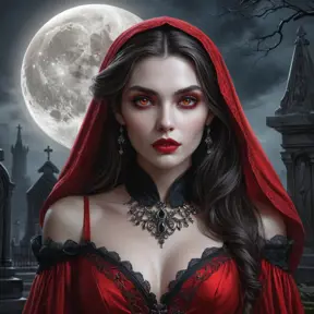 A stunning female vampire with alabaster skin, dressed in a flowing, blood-red gown, standing beneath a full moon in a gothic cemetery, her eyes glowing with an otherworldly light.