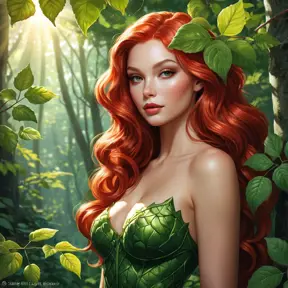 Poison Ivy in full bloom, its red berries standing out against a dense forest background, sunlight filtering through the leaves to create a dappled effect.