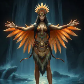 Render Nidalee in a ceremonial outfit, adorned with feathers, beads, and bones, standing before a roaring waterfall, her arms outstretched as if channeling the power of the elements, the water illuminated by a mystical, otherworldly light.