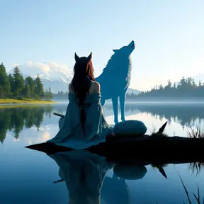 A serene image of Princess Mononoke sitting cross-legged by a serene lake, her reflection mirrored in the still water, with the silhouette of a majestic wolf at her side.