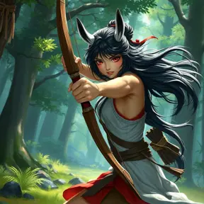 A dynamic action shot of Princess Mononoke wielding her bow and arrow, her expression fierce and determined, set in a vibrant, lush forest clearing.