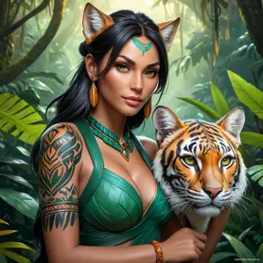 A stunning portrait of Nidalee from League of Legends, rendered in vibrant colors with intricate details of her tribal tattoos and the majestic jungle cat features, set against a backdrop of a lush, misty Amazon rainforest at dawn.