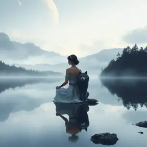 A serene image of Princess Mononoke sitting cross-legged by a serene lake, her reflection mirrored in the still water, with the silhouette of a majestic wolf at her side.