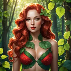 Poison Ivy in full bloom, its red berries standing out against a dense forest background, sunlight filtering through the leaves to create a dappled effect.