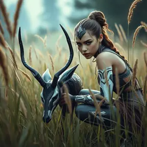 Aloy, crouched low in a field of tall grass, her eyes alert, a sleek, metallic machine deer grazing nearby, the environment rich with color and detail, emphasizing her camouflage and stealth