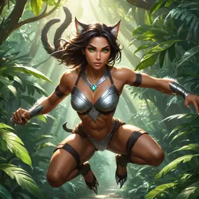 A dramatic scene of Nidalee leaping through the air, her transformation into a fierce jungle cat complete, with razor-sharp claws extended and eyes glowing with predatory intent, the background a blur of green foliage and sunlight.