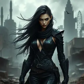 A fierce female vampire, clad in black leather armor, standing in a desolate, post-apocalyptic cityscape, her eyes piercing through the shadows, a gust of wind stirring her long, raven hair.