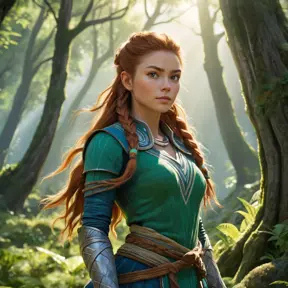 Aloy, in a lush, green valley, surrounded by towering, ancient trees, her face lit by the soft, diffused light of the forest, her pose relaxed yet ready, the environment serene and peaceful