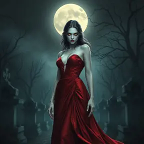 A stunning female vampire with alabaster skin, dressed in a flowing, blood-red gown, standing beneath a full moon in a gothic cemetery, her eyes glowing with an otherworldly light.