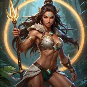 Create an image of Nidalee in her warrior stance, her spear held high, with a dynamic lighting effect that highlights her muscular physique and the wild, untamed mane of her hair, surrounded by a circle of glowing tribal symbols.