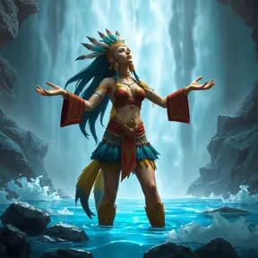 Render Nidalee in a ceremonial outfit, adorned with feathers, beads, and bones, standing before a roaring waterfall, her arms outstretched as if channeling the power of the elements, the water illuminated by a mystical, otherworldly light.