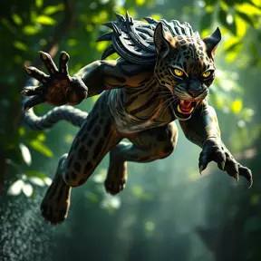 A dramatic scene of Nidalee leaping through the air, her transformation into a fierce jungle cat complete, with razor-sharp claws extended and eyes glowing with predatory intent, the background a blur of green foliage and sunlight.