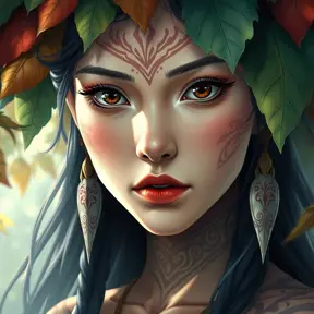 A close-up of Princess Mononoke's face, her features delicate yet strong, with intricate tattoos symbolizing her connection to nature, under a canopy of vibrant leaves.