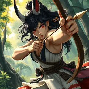 A dynamic action shot of Princess Mononoke wielding her bow and arrow, her expression fierce and determined, set in a vibrant, lush forest clearing.