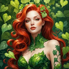 An abstract depiction of Poison Ivy, its leaves morphing into fluid shapes that intertwine and dance, colors shifting from deep green to fiery red as if alive with movement.