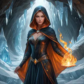 A mesmerizing female fire sorceress, cloaked in a veil of shimmering fire, standing within a cavern of crystal-clear ice, her presence causing the air to shimmer with heat, her eyes reflecting both fire and ice, a paradox of power.