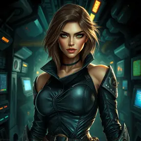 An exquisite female rogue from StarCraft, depicted in a high-tech, underground laboratory, surrounded by advanced machinery and flickering computer screens, her attire a blend of sleek leather and metallic accents, her expression both fierce and focused.