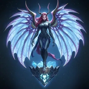 Sarah Kerrigan in a serene, almost angelic pose, her traditional Zerg features softened by a gentle, luminescent aura, standing atop a crystalline platform floating above a sea of stars, her wings spread wide, each feather detailed with the intricate patterns of Zerg symbology.